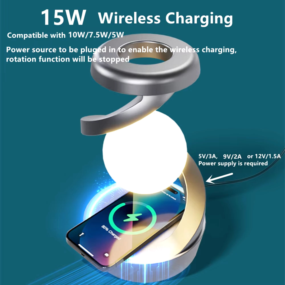 Rotatory Floating Lamp, Table Lamp, Desk Lamp with 15W Wireless Charger and Changeable Colorful Lights, Bedside Sleep Lamp