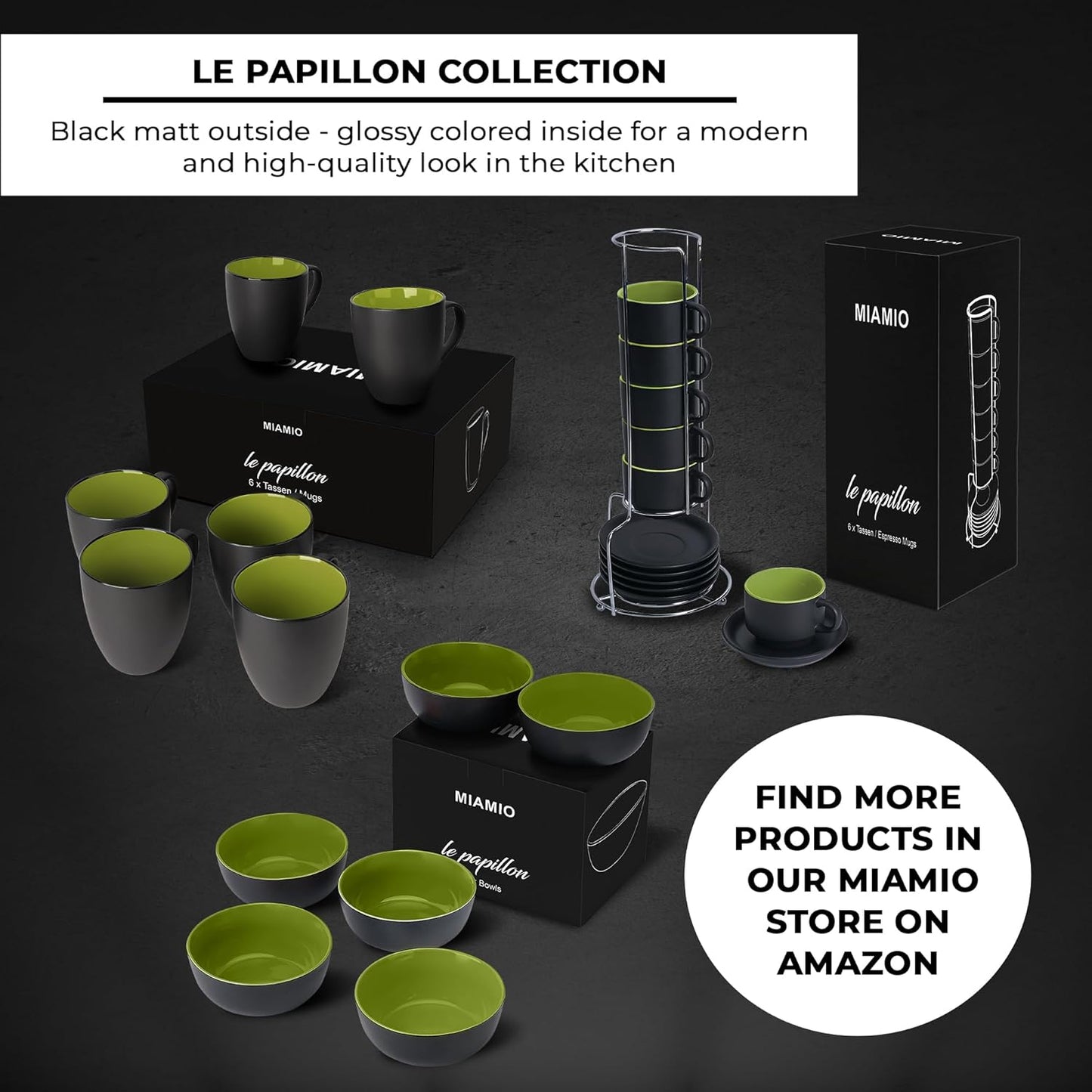 - Set of 6 Stoneware Coffee Mugs 12 Ounce/Cup Set - Le Papillon Collection (Black-Green)