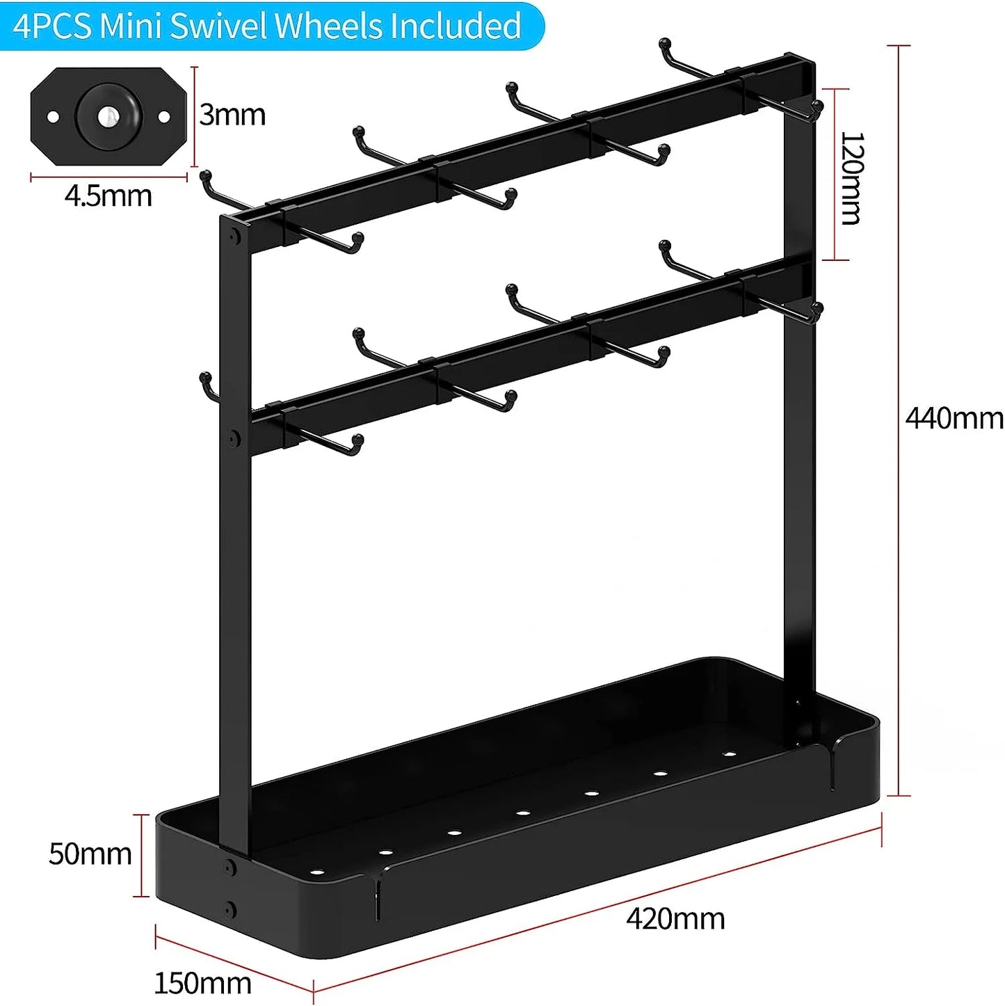 Mug Holder, 2 Tier Mug Rack with 16 Movable Hooks, with Storage Base Coffee Cup Holder for Countertop, Black