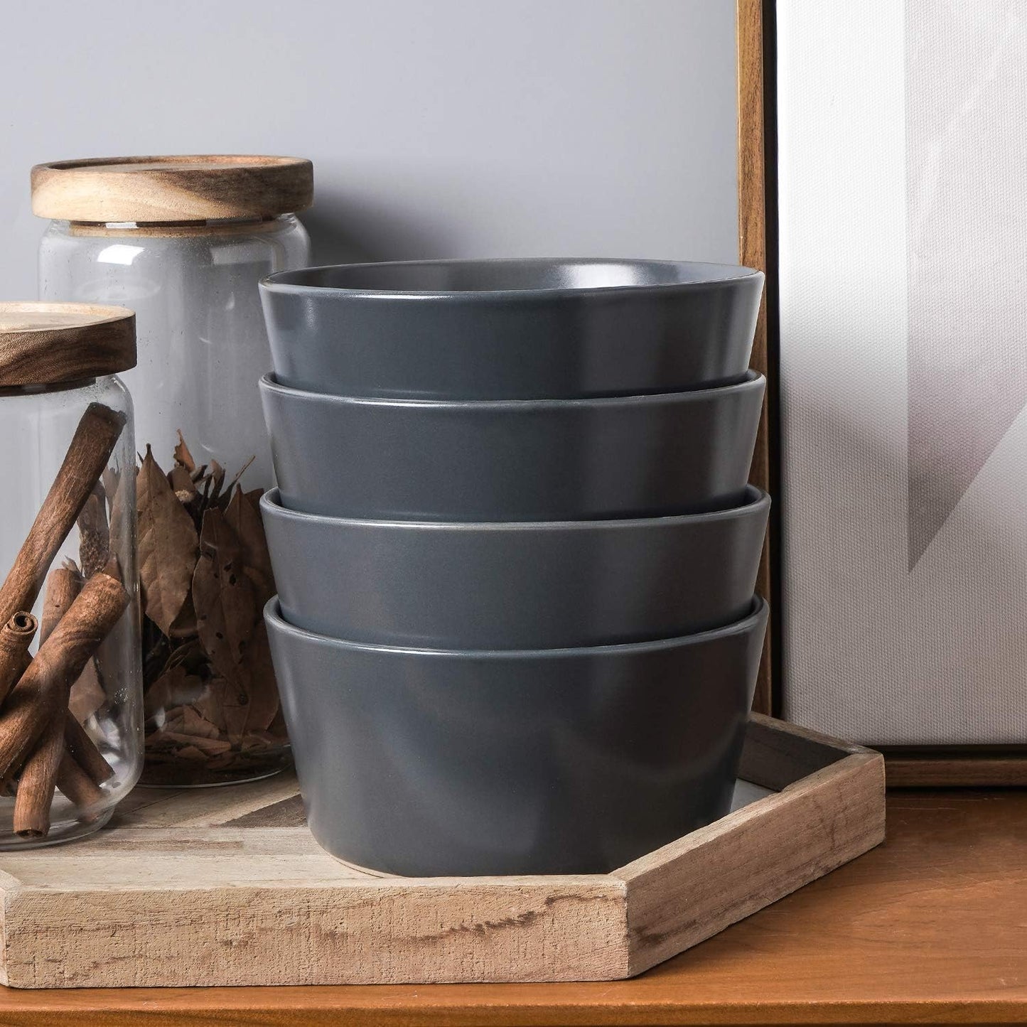 Stoneware Bowls Set, 4-Piece, Grey Matte