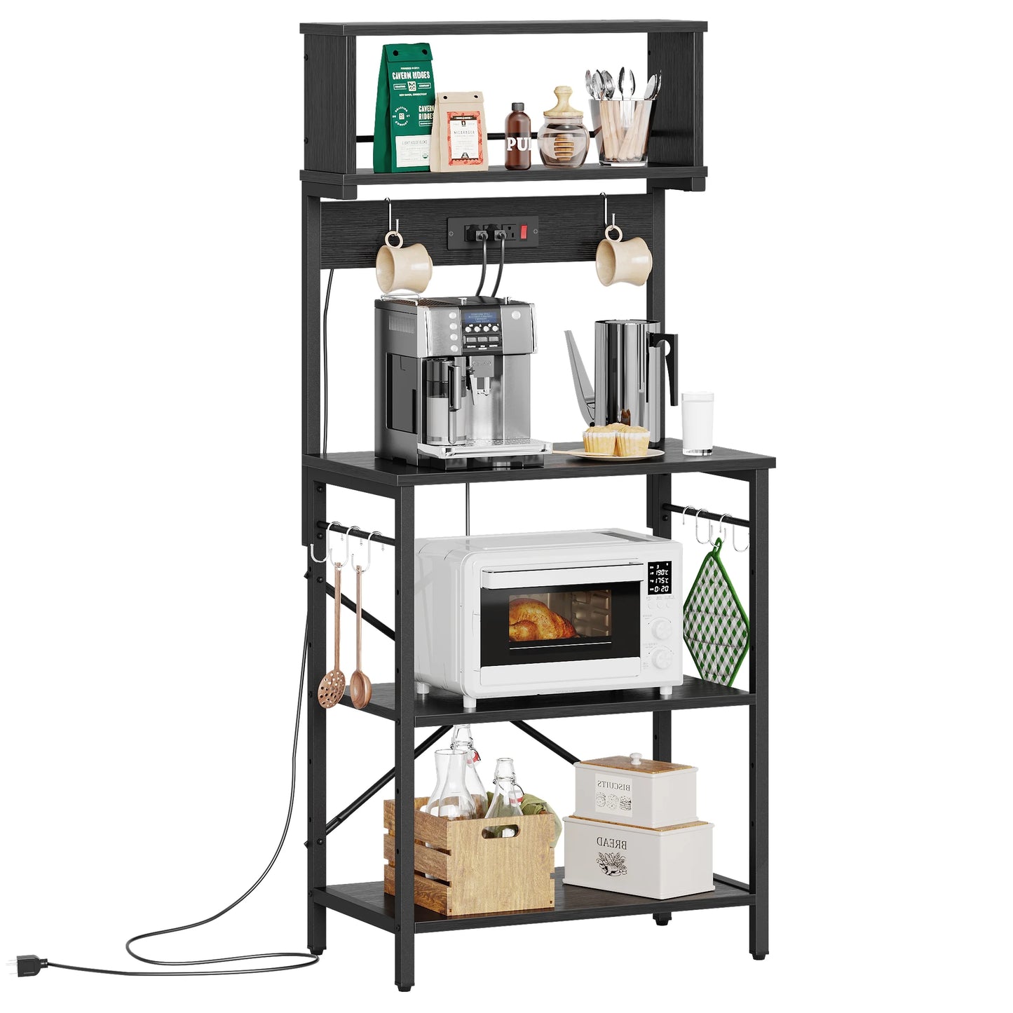 60" 5-Tier Kitchen Bakers Rack with 3 Outlets 8 S-Hooks Microwave Cart in Black