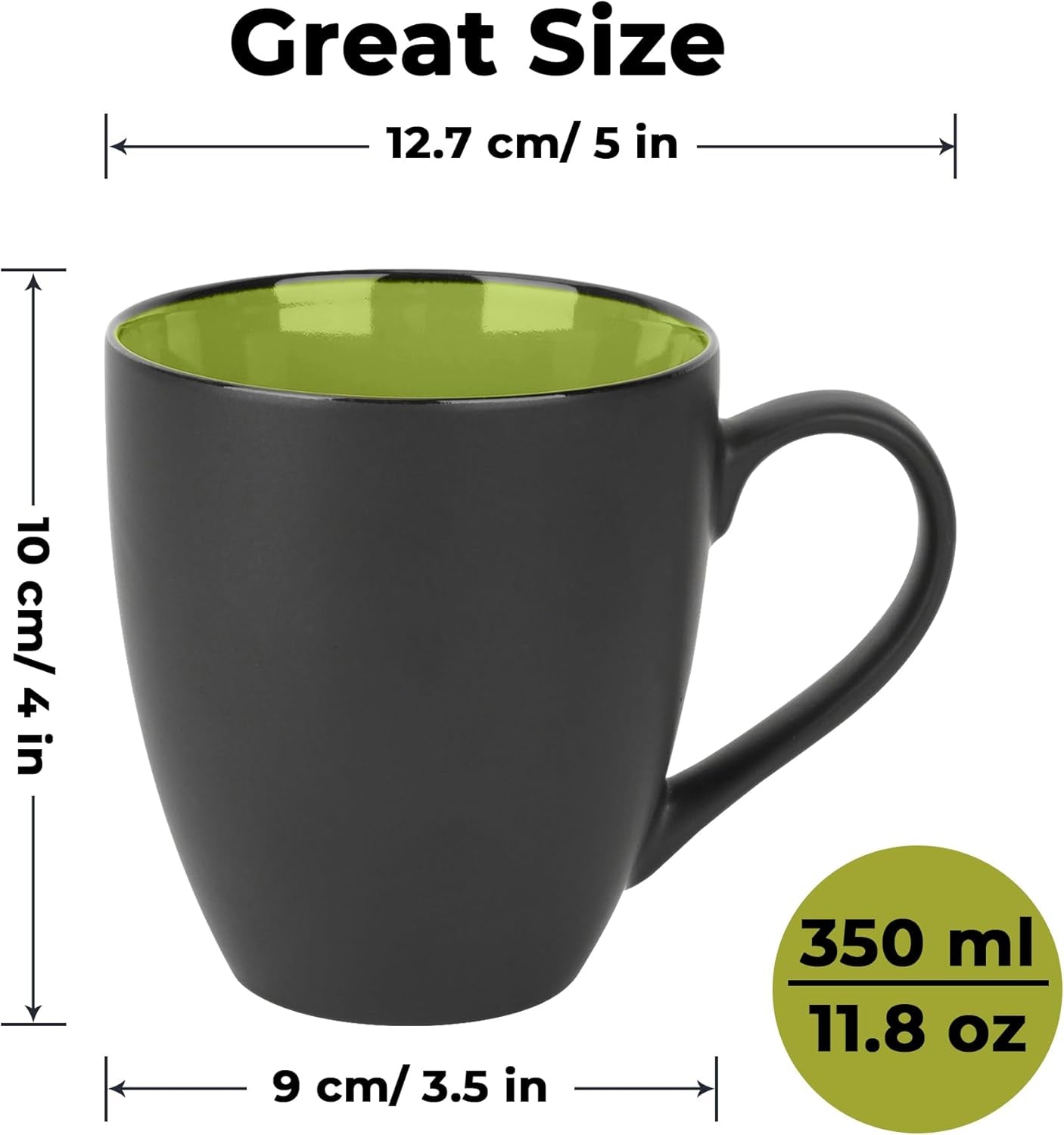- Set of 6 Stoneware Coffee Mugs 12 Ounce/Cup Set - Le Papillon Collection (Black-Green)