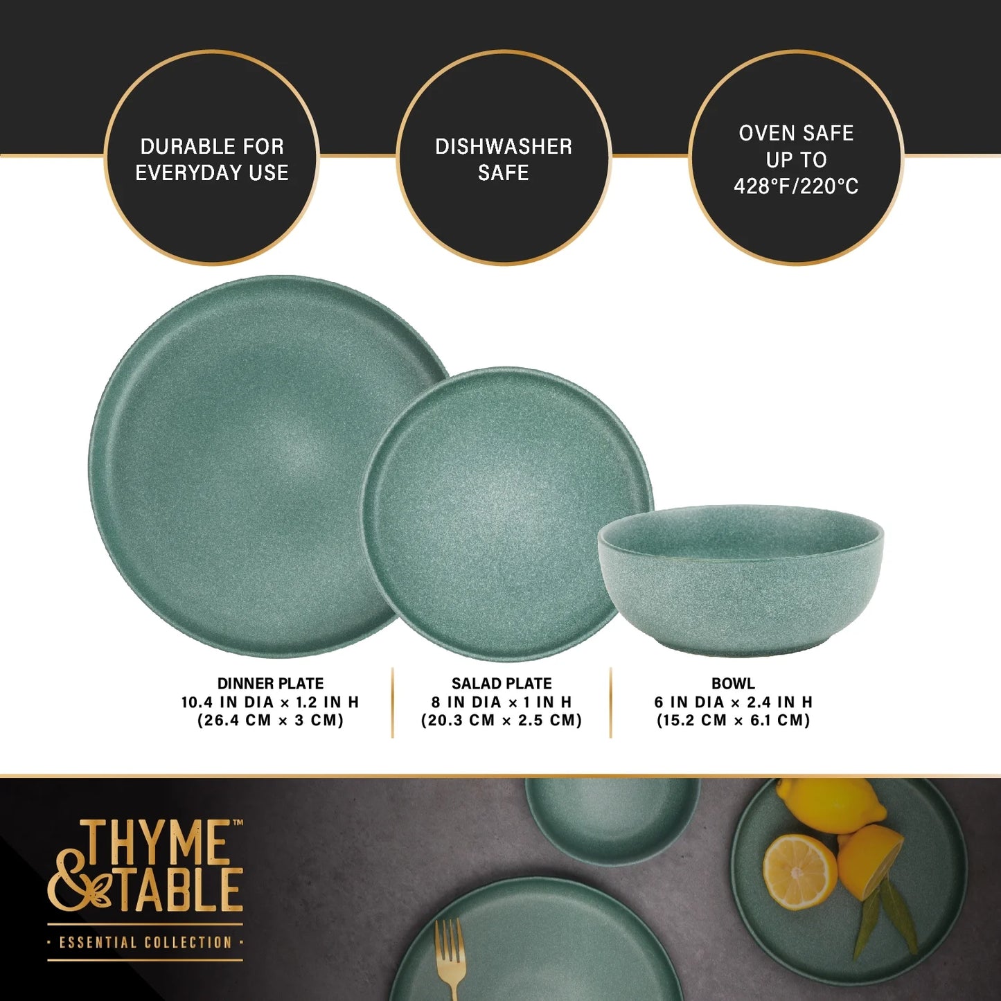 (3 Pack)  12-Piece Stoneware Dinnerware Set, Caspian Green Collection