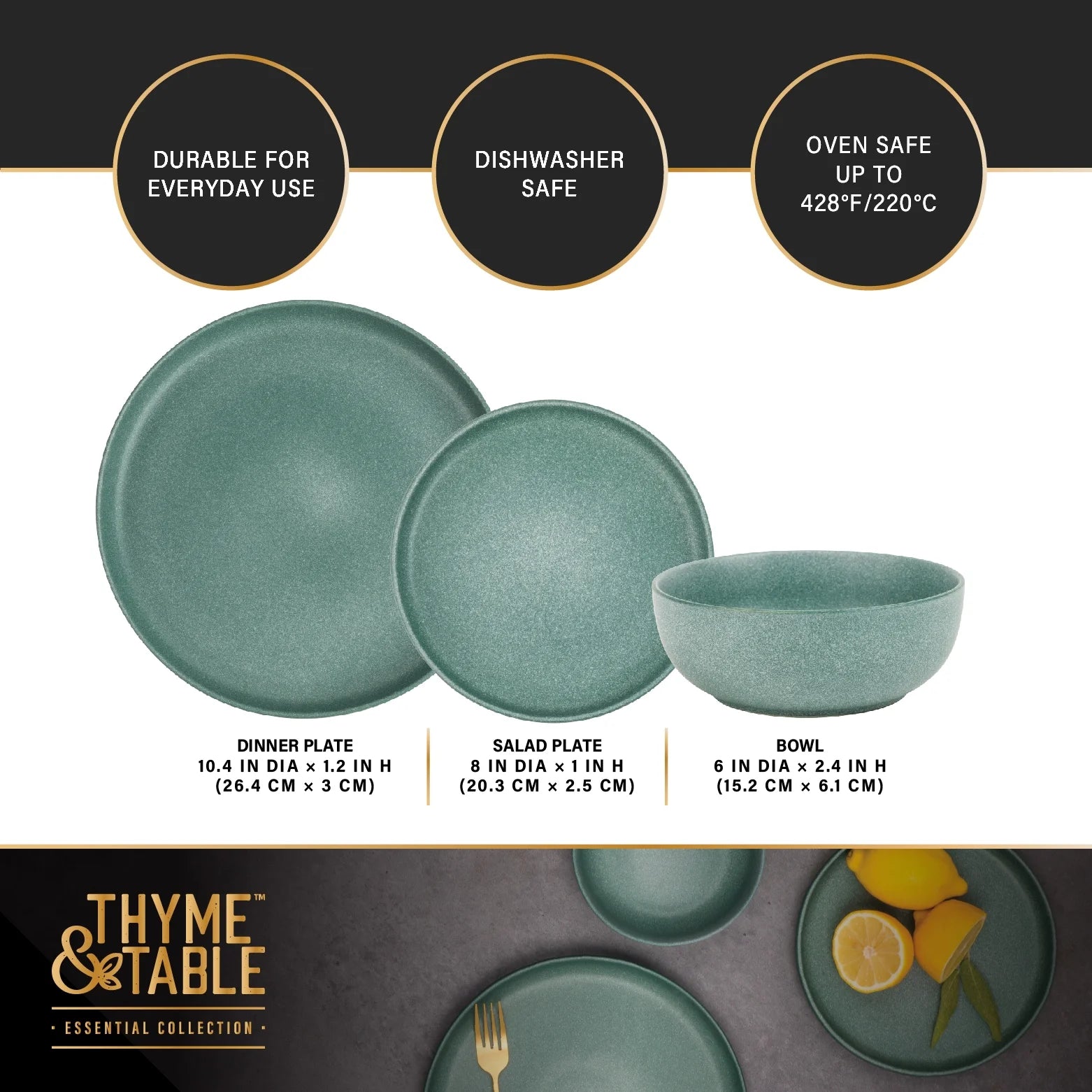 (3 Pack)  12-Piece Stoneware Dinnerware Set, Caspian Green Collection