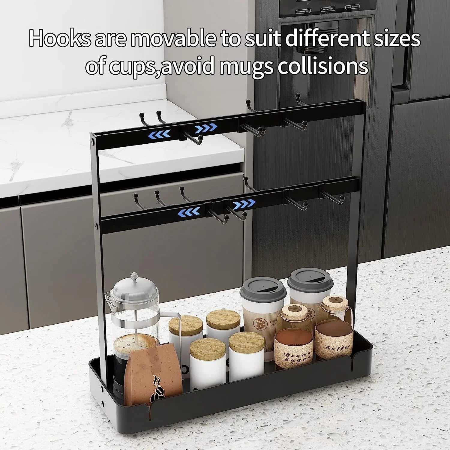 Mug Holder, 2 Tier Mug Rack with 16 Movable Hooks, with Storage Base Coffee Cup Holder for Countertop, Black