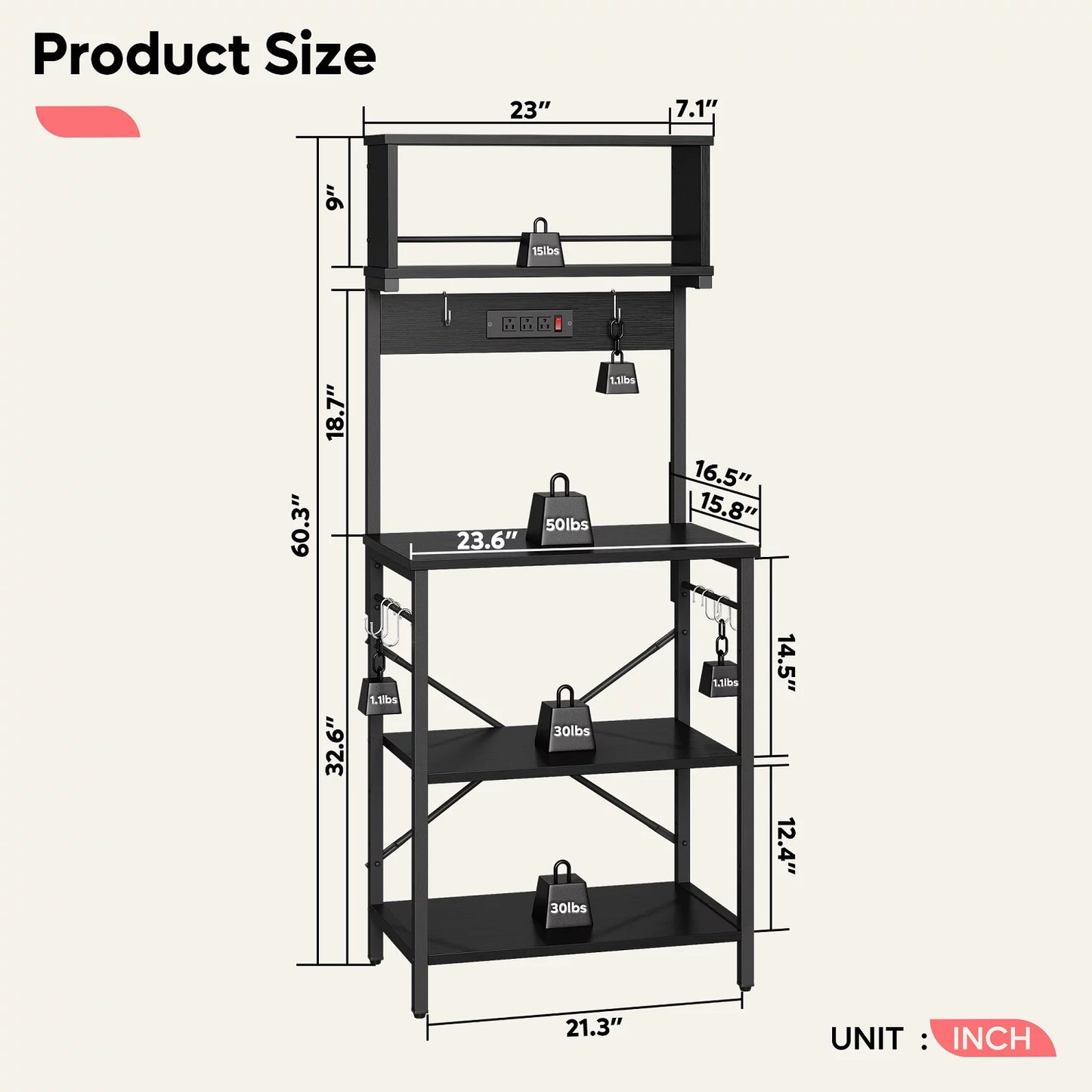 60" 5-Tier Kitchen Bakers Rack with 3 Outlets 8 S-Hooks Microwave Cart in Black