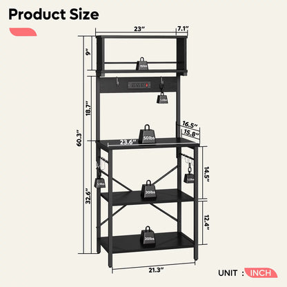 60" 5-Tier Kitchen Bakers Rack with 3 Outlets 8 S-Hooks Microwave Cart in Black