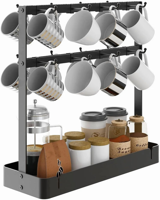Mug Holder, 2 Tier Mug Rack with 16 Movable Hooks, with Storage Base Coffee Cup Holder for Countertop, Black