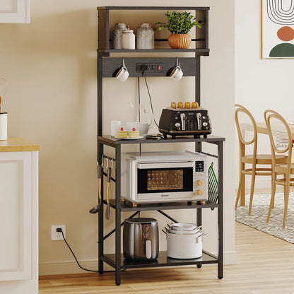 60" 5-Tier Kitchen Bakers Rack with 3 Outlets 8 S-Hooks Microwave Cart in Black