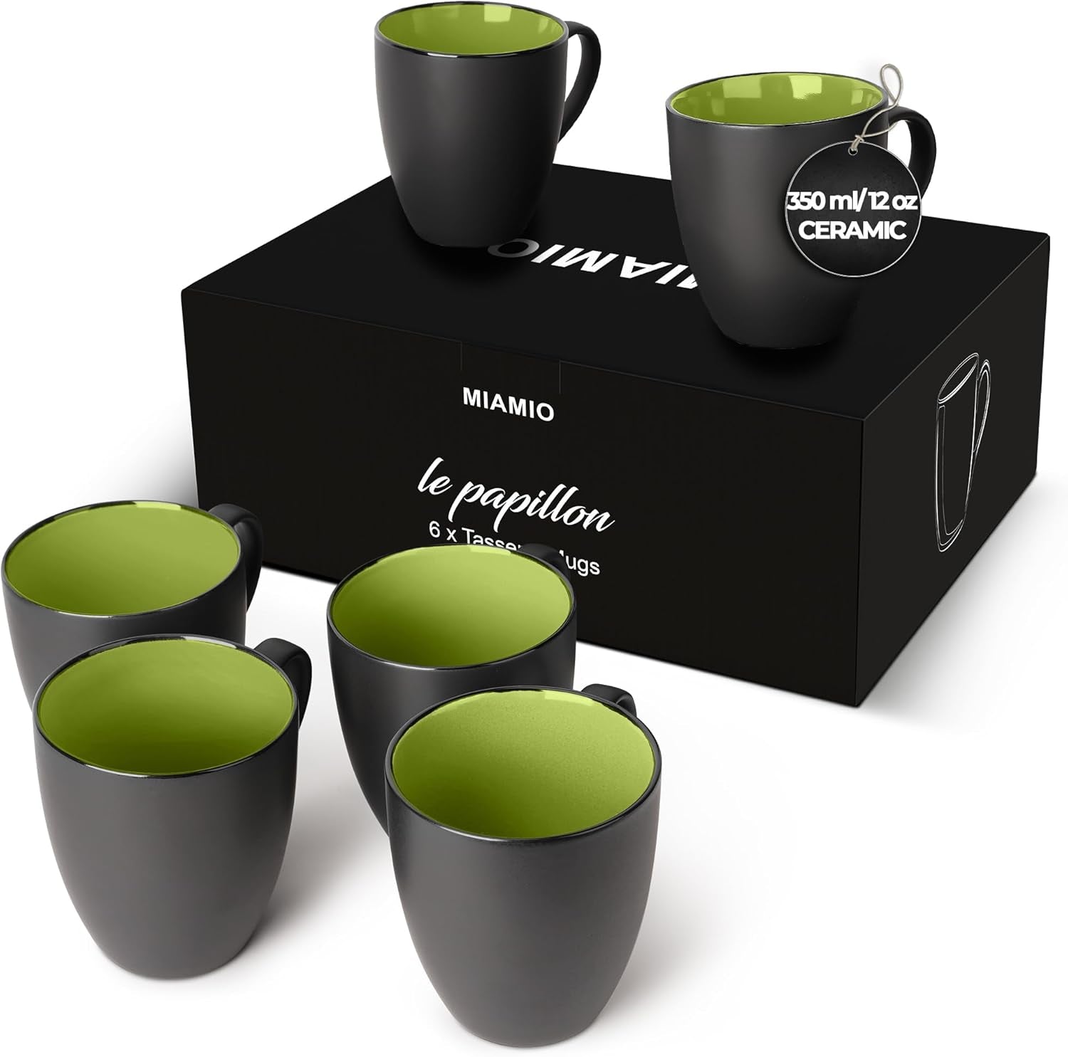 - Set of 6 Stoneware Coffee Mugs 12 Ounce/Cup Set - Le Papillon Collection (Black-Green)