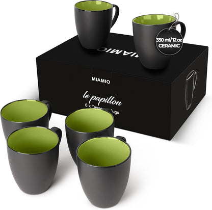 - Set of 6 Stoneware Coffee Mugs 12 Ounce/Cup Set - Le Papillon Collection (Black-Green)