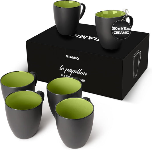 - Set of 6 Stoneware Coffee Mugs 12 Ounce/Cup Set - Le Papillon Collection (Black-Green)