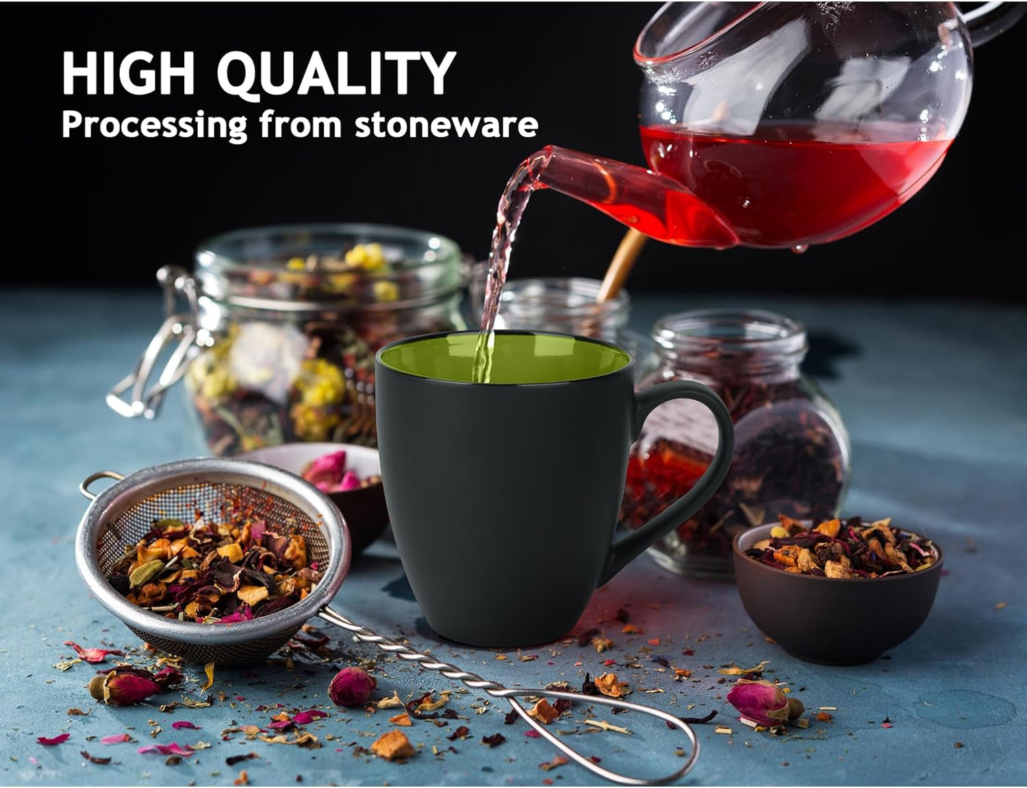 - Set of 6 Stoneware Coffee Mugs 12 Ounce/Cup Set - Le Papillon Collection (Black-Green)