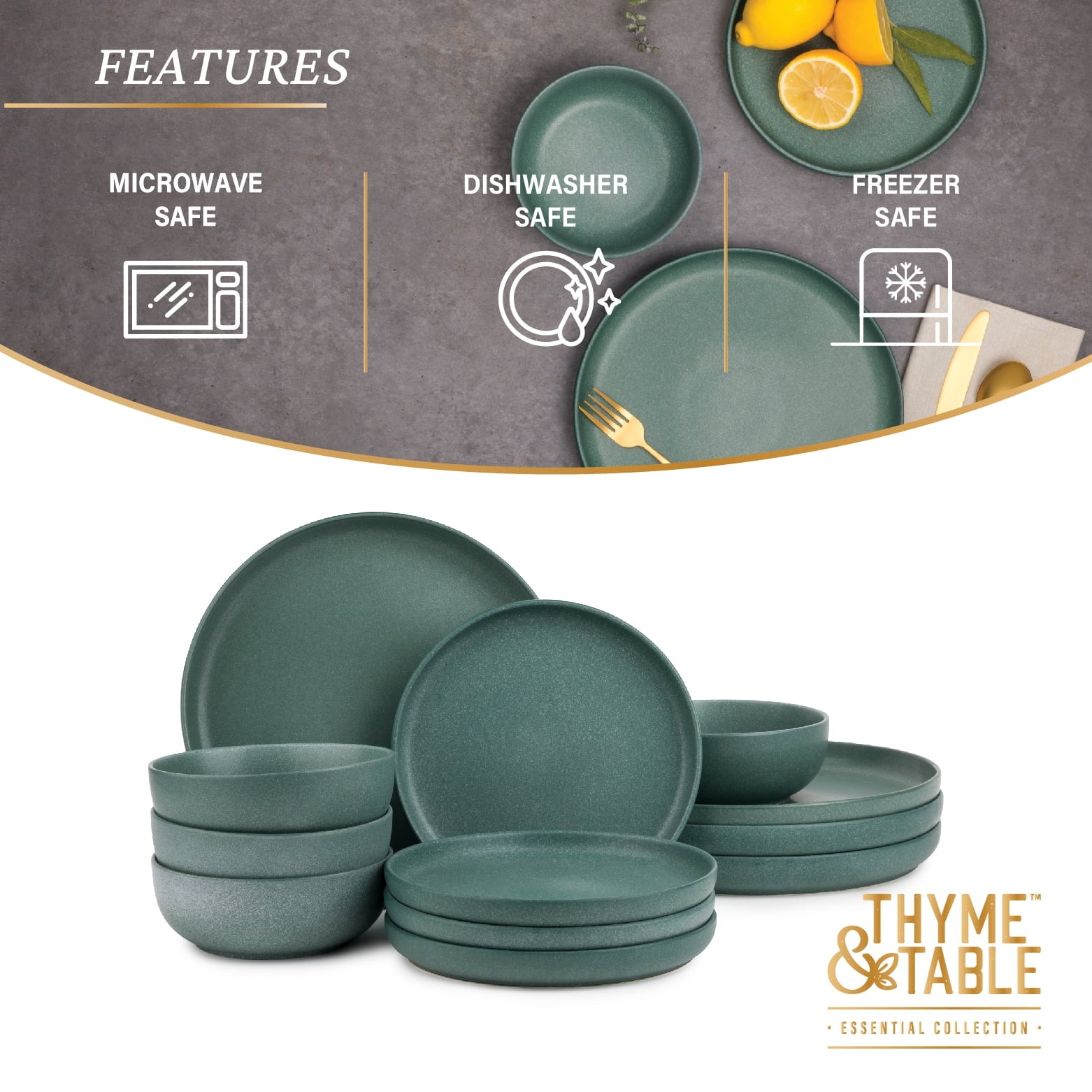 (3 Pack)  12-Piece Stoneware Dinnerware Set, Caspian Green Collection