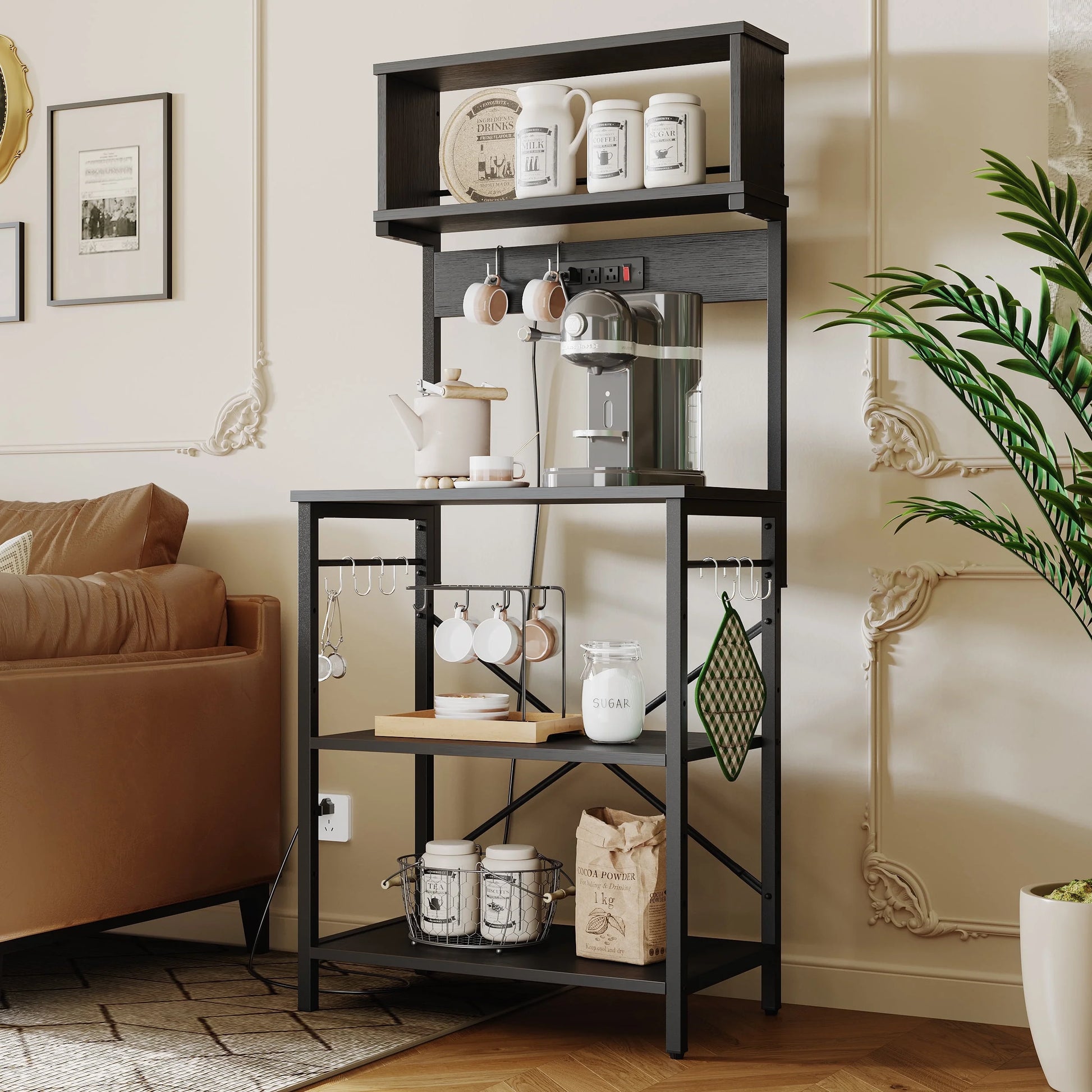 60" 5-Tier Kitchen Bakers Rack with 3 Outlets 8 S-Hooks Microwave Cart in Black