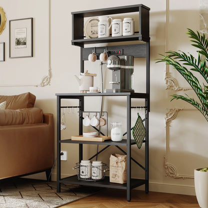 60" 5-Tier Kitchen Bakers Rack with 3 Outlets 8 S-Hooks Microwave Cart in Black