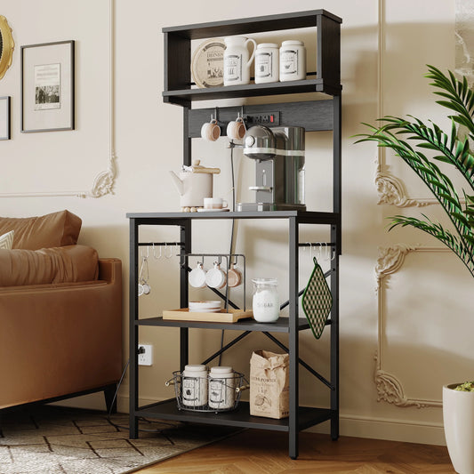 60" 5-Tier Kitchen Bakers Rack with 3 Outlets 8 S-Hooks Microwave Cart in Black
