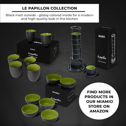- Set of 6 Stoneware Coffee Mugs 12 Ounce/Cup Set - Le Papillon Collection (Black-Green)