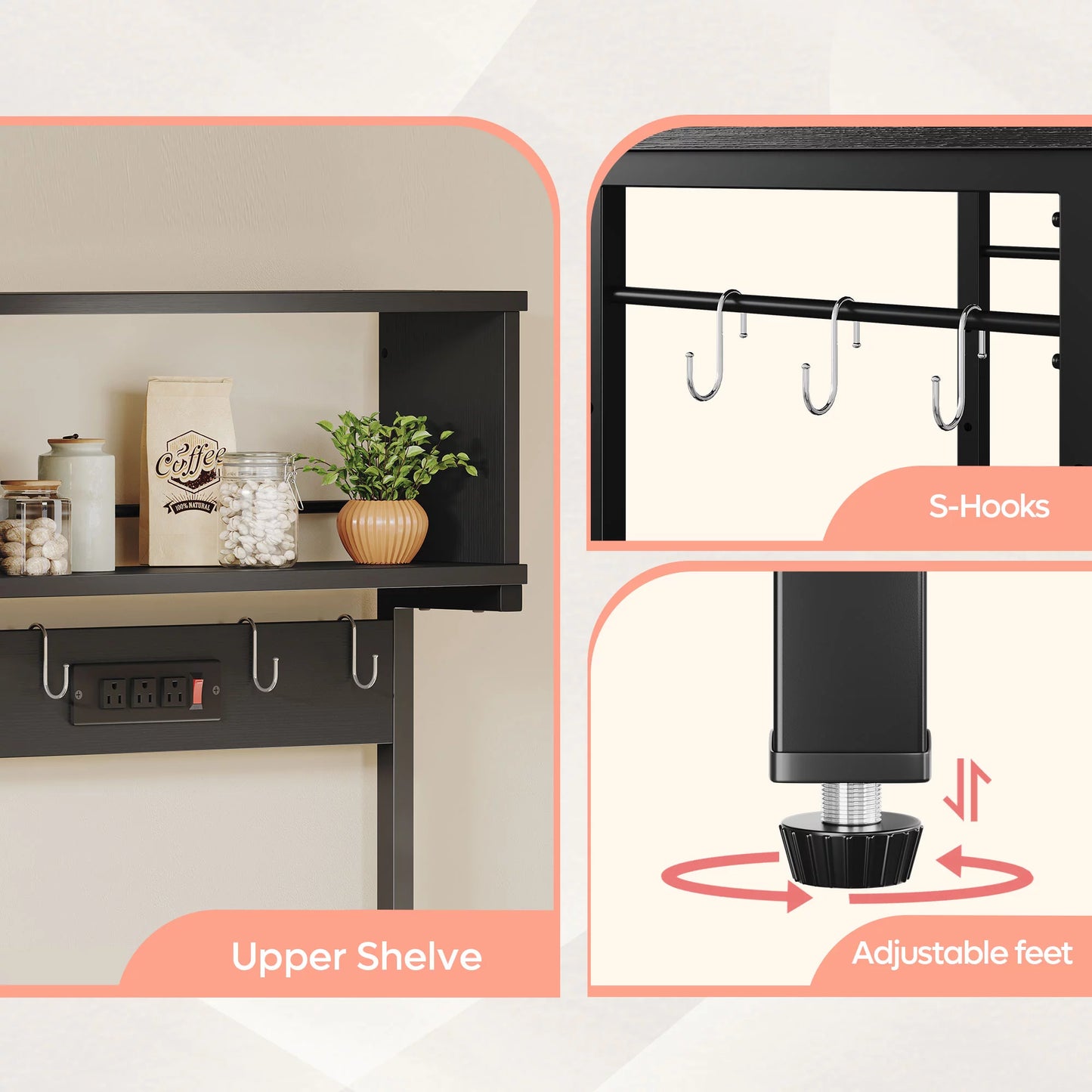 60" 5-Tier Kitchen Bakers Rack with 3 Outlets 8 S-Hooks Microwave Cart in Black