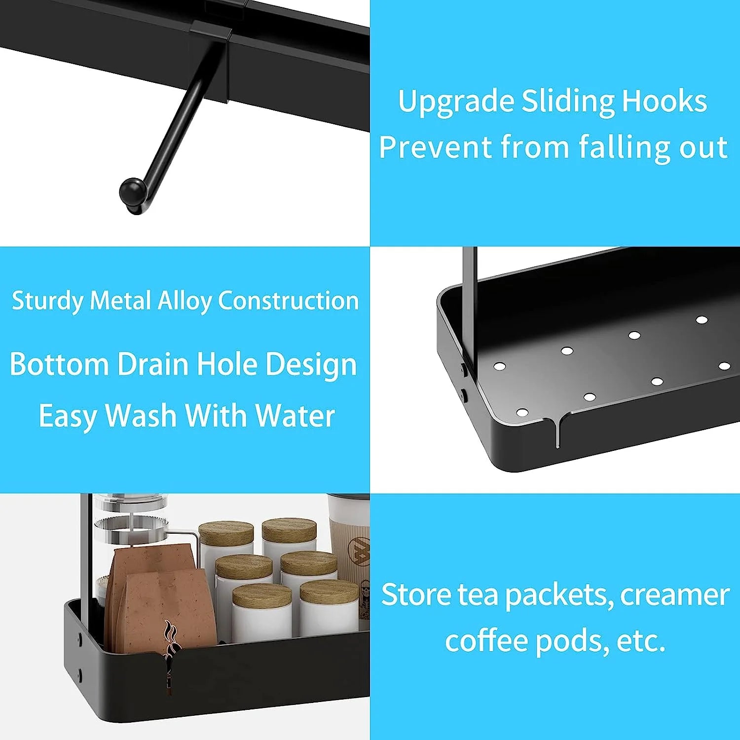 Mug Holder, 2 Tier Mug Rack with 16 Movable Hooks, with Storage Base Coffee Cup Holder for Countertop, Black