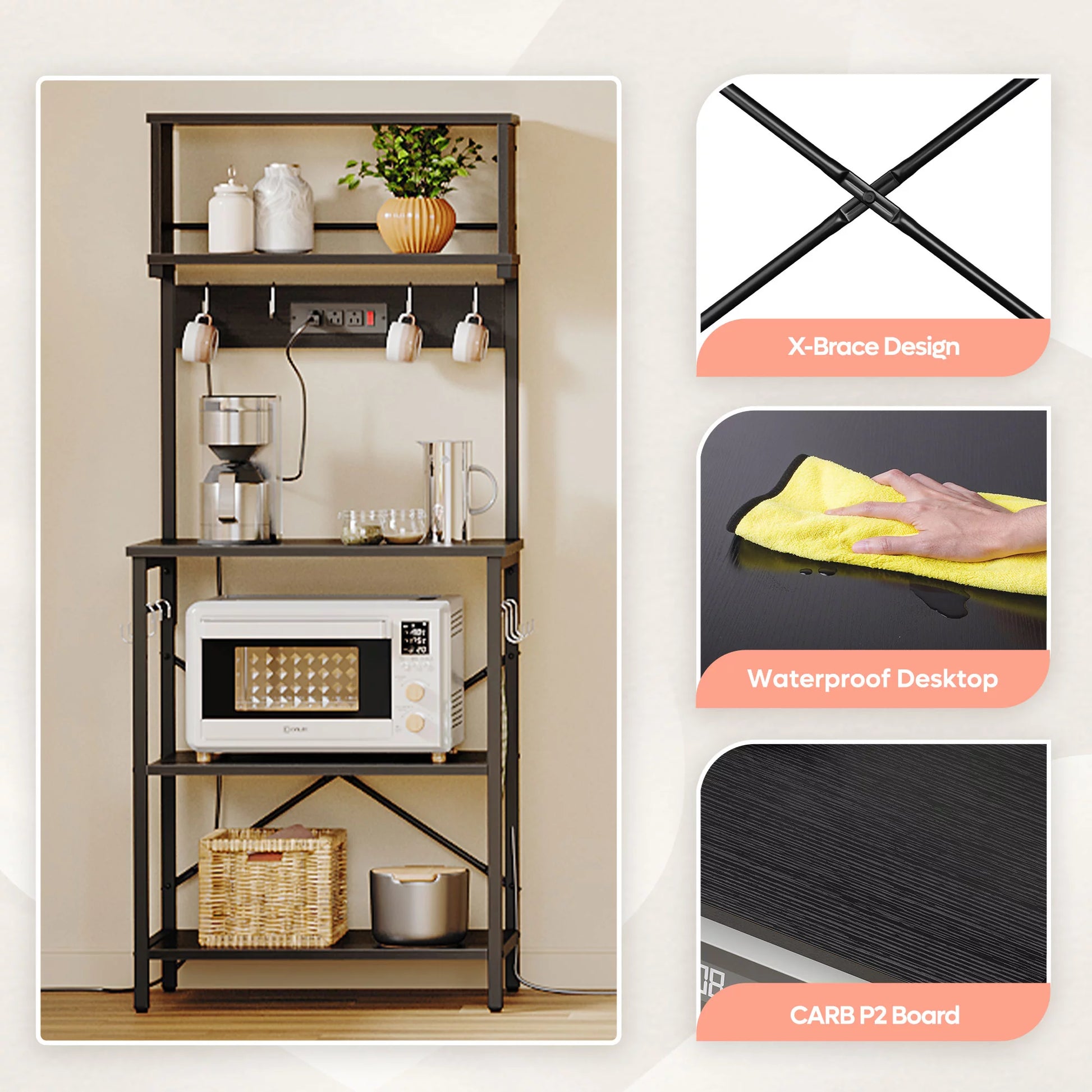 60" 5-Tier Kitchen Bakers Rack with 3 Outlets 8 S-Hooks Microwave Cart in Black