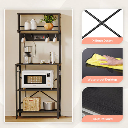 60" 5-Tier Kitchen Bakers Rack with 3 Outlets 8 S-Hooks Microwave Cart in Black