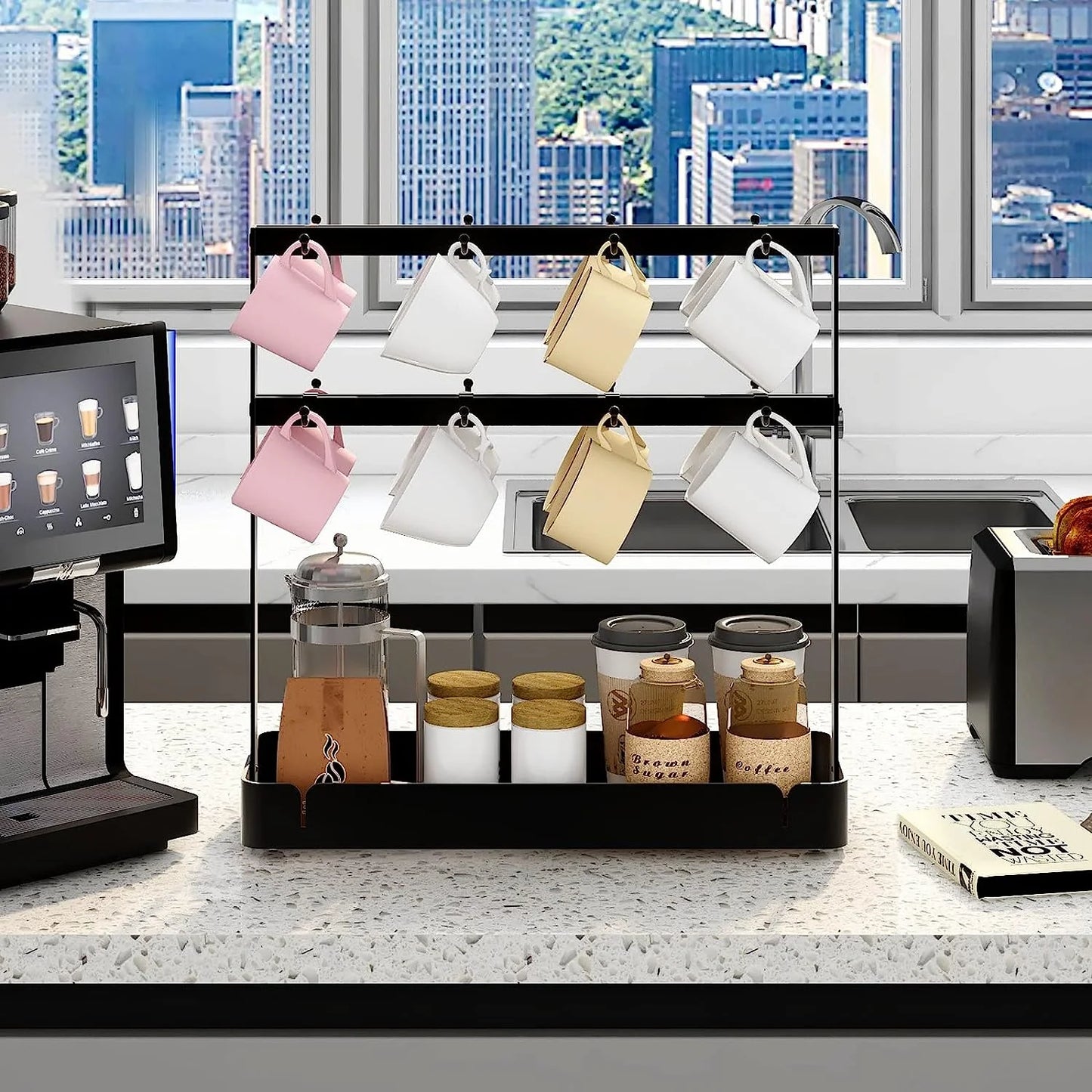 Mug Holder, 2 Tier Mug Rack with 16 Movable Hooks, with Storage Base Coffee Cup Holder for Countertop, Black