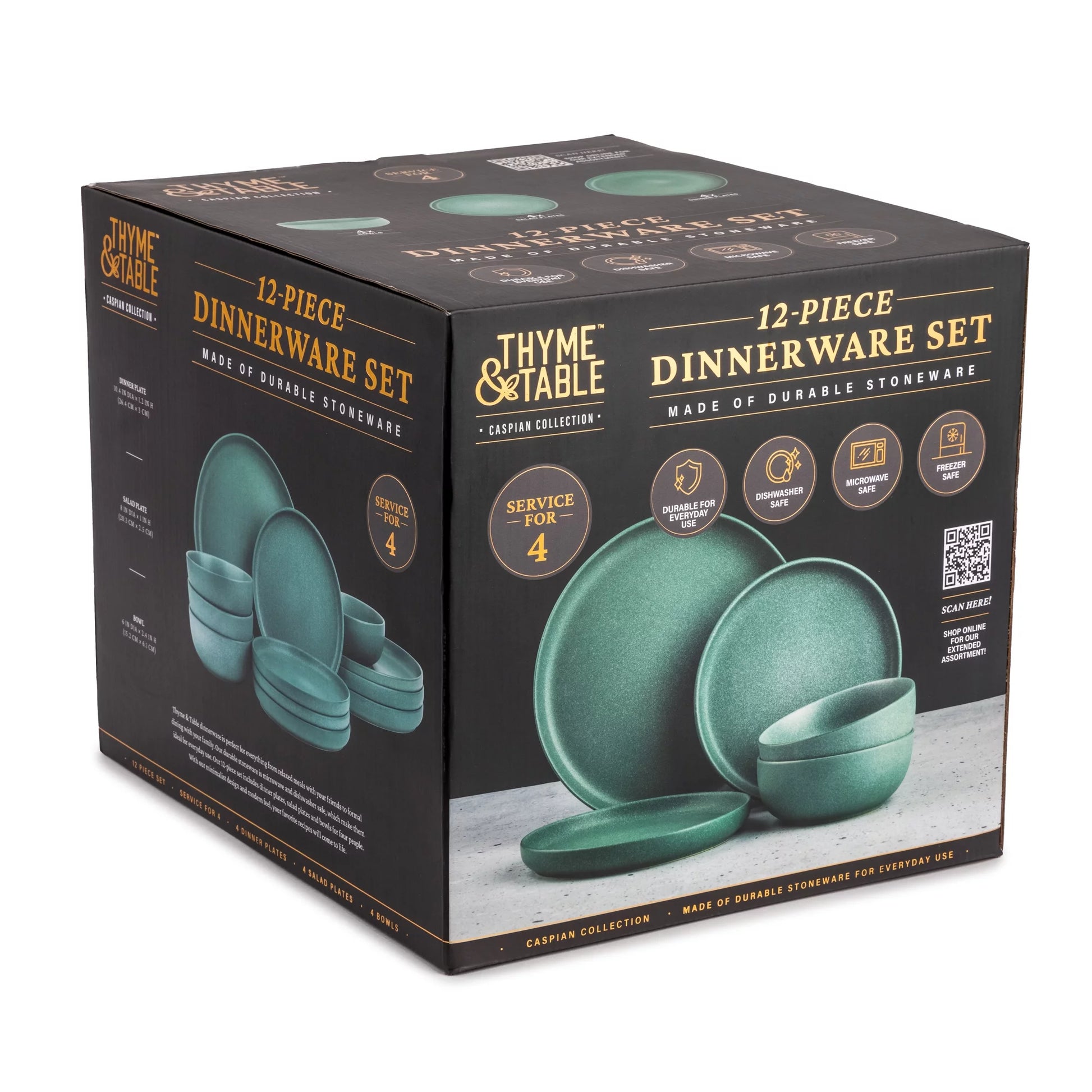 (3 Pack)  12-Piece Stoneware Dinnerware Set, Caspian Green Collection