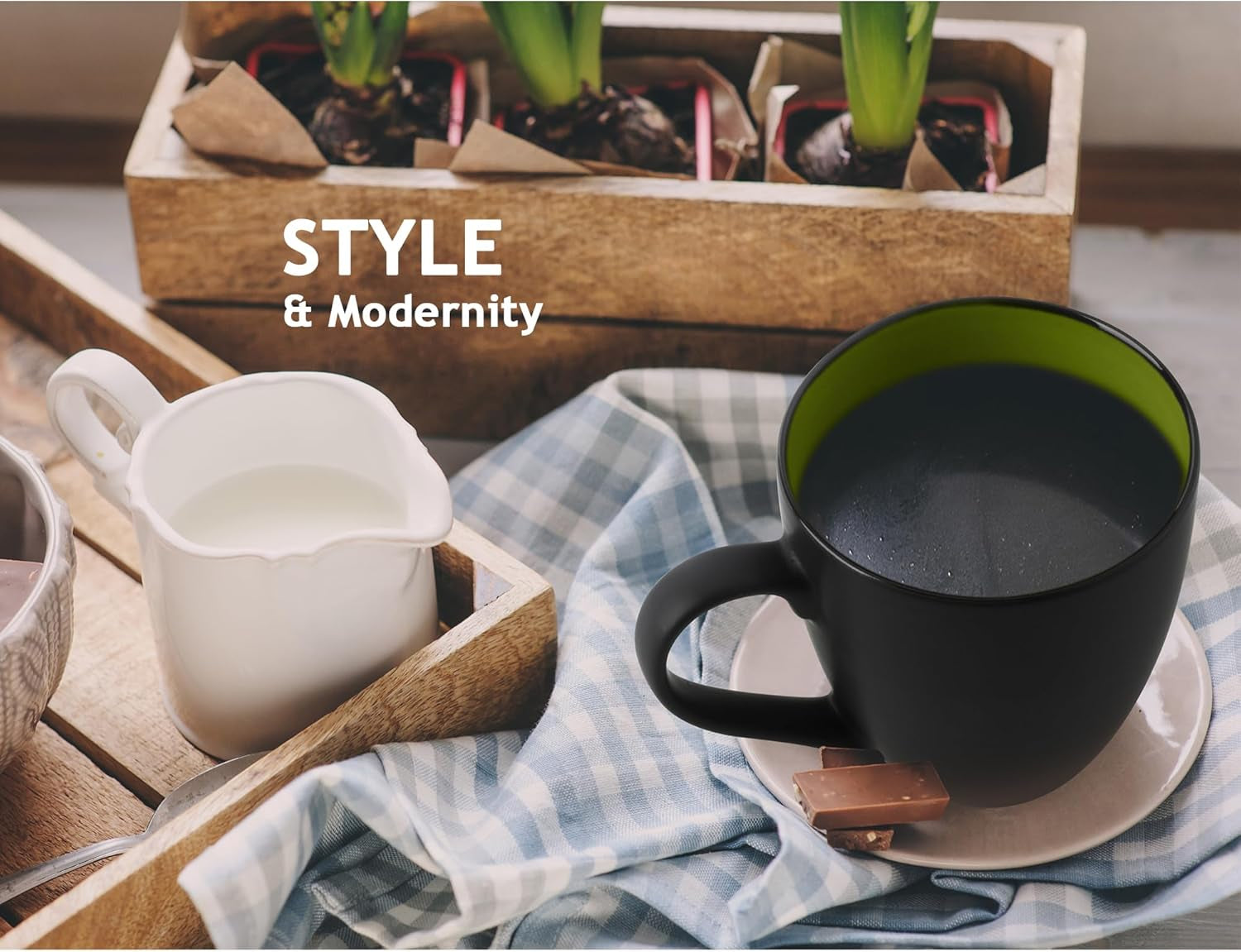 - Set of 6 Stoneware Coffee Mugs 12 Ounce/Cup Set - Le Papillon Collection (Black-Green)
