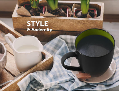 - Set of 6 Stoneware Coffee Mugs 12 Ounce/Cup Set - Le Papillon Collection (Black-Green)
